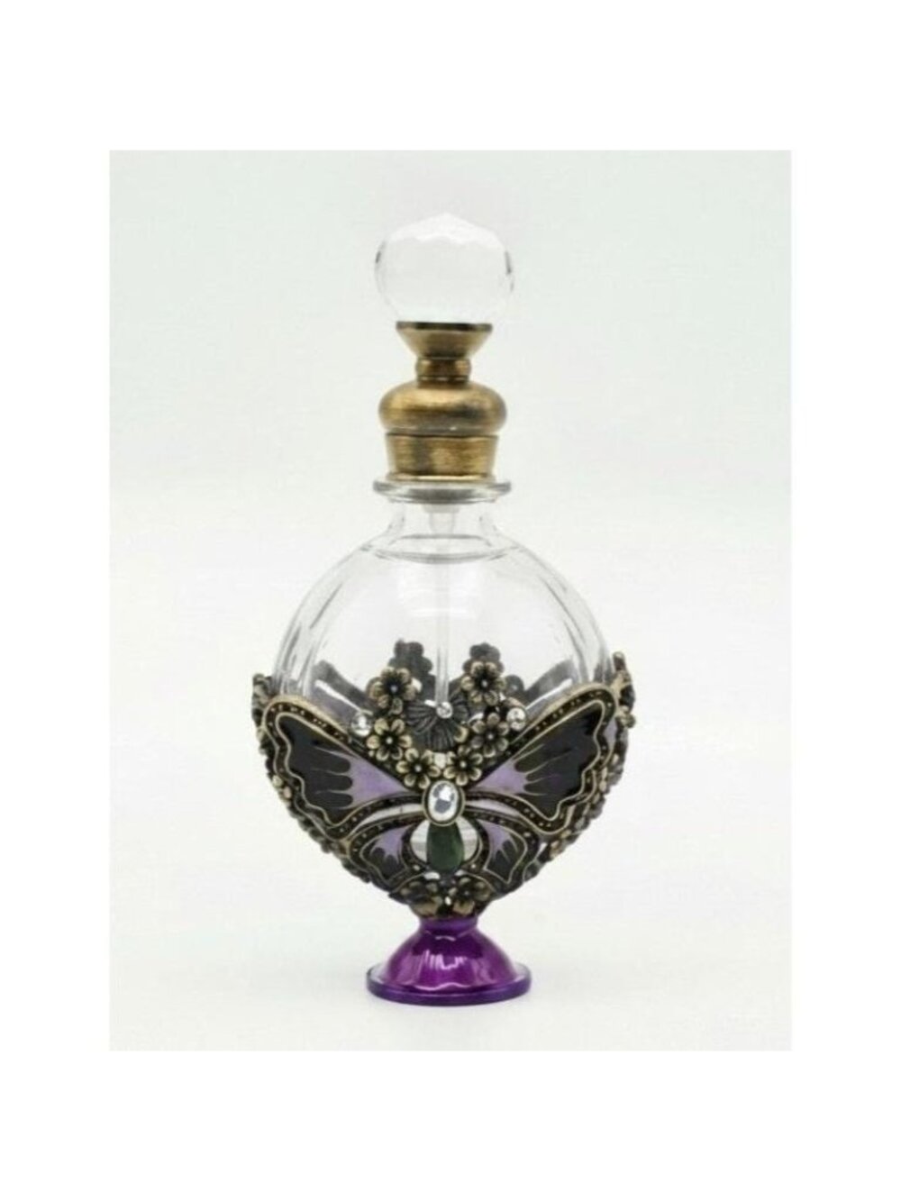Vintage Glass Butterfly Glass Perfume Bottle With Crystal Accents & Bronze Detai